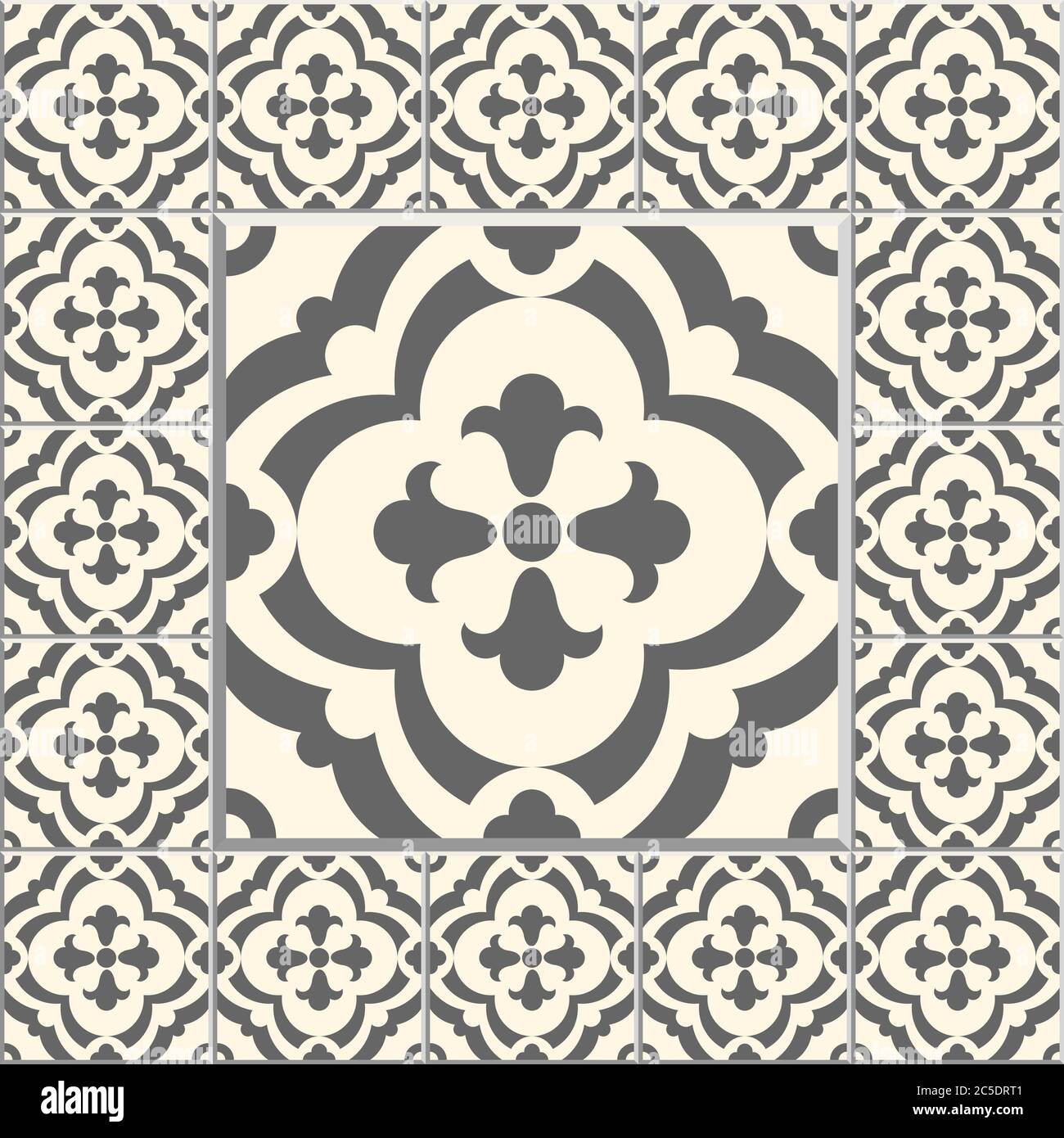 Carreaux de sol : motif vintage sans couture avec carreaux de ciment. Arrière-plan vectoriel transparent. Illustration vectorielle. Un grand carrelage au centre est encadré en petit t Illustration de Vecteur