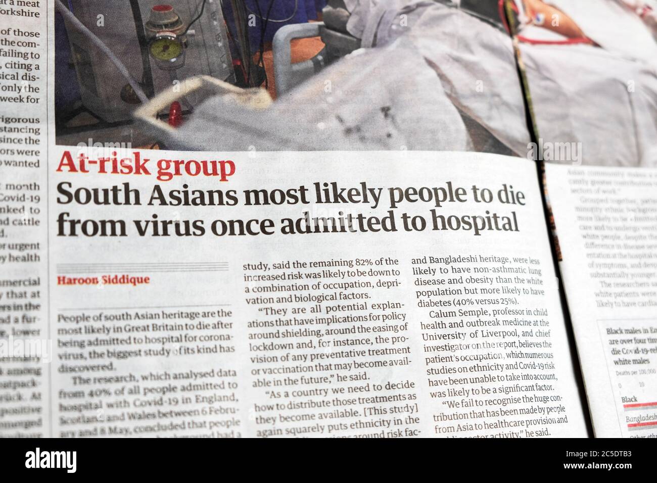 « Groupe à risque » « les Asiatiques du Sud sont les personnes les plus susceptibles de mourir du virus une fois admis à l'hôpital » article dans le journal Guardian 20 juin 2020 Londres UK Banque D'Images