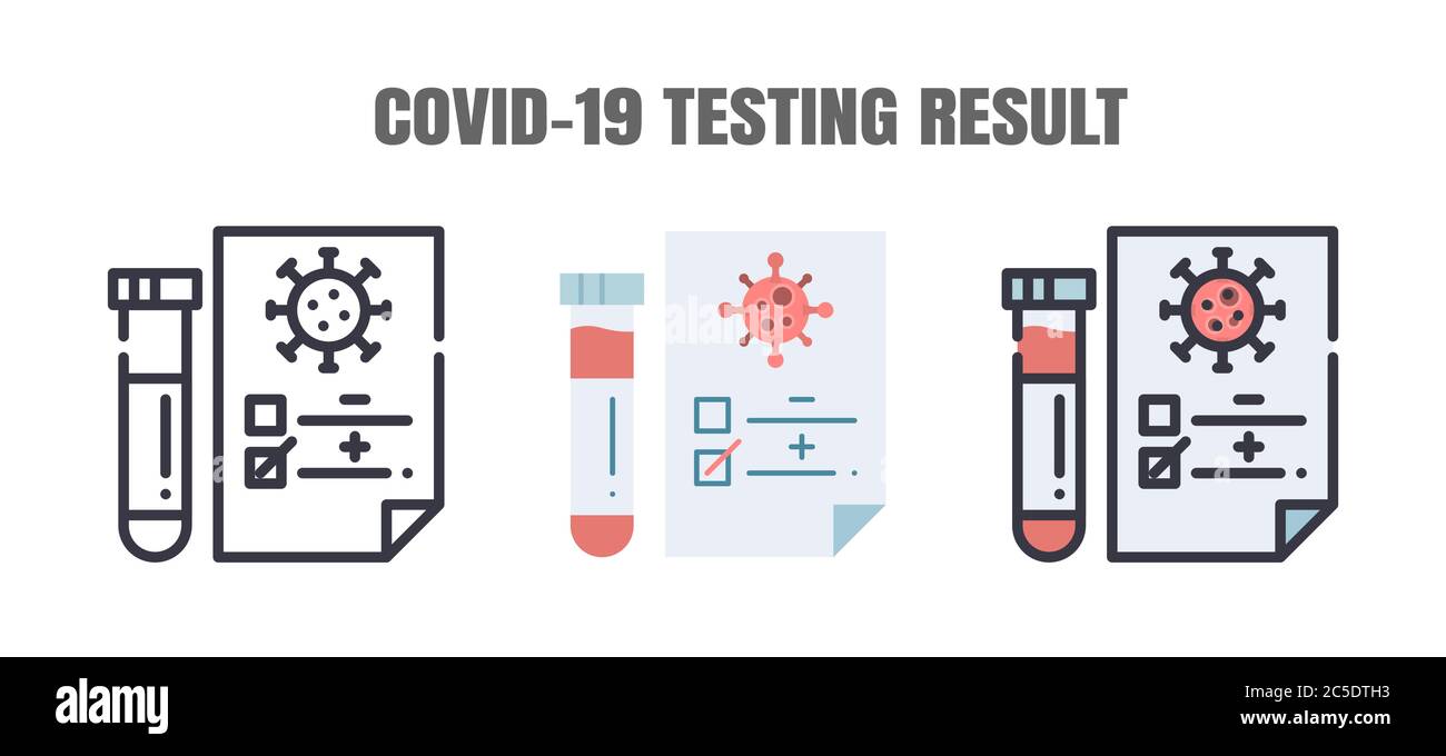 Le résultat des tests chez les patients Covid-19 est négatif ou Positve. Les traitements de l'infection à coronavirus 2019. Contour de ligne, plat, icônes remplies. E Illustration de Vecteur