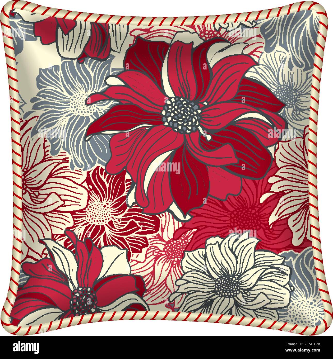 Élément de design intérieur : coussin décoratif avec taie d'oreiller à motifs (motif floral - fleurs Dahlia). Isolé sur blanc. Illustration vectorielle. Illustration de Vecteur