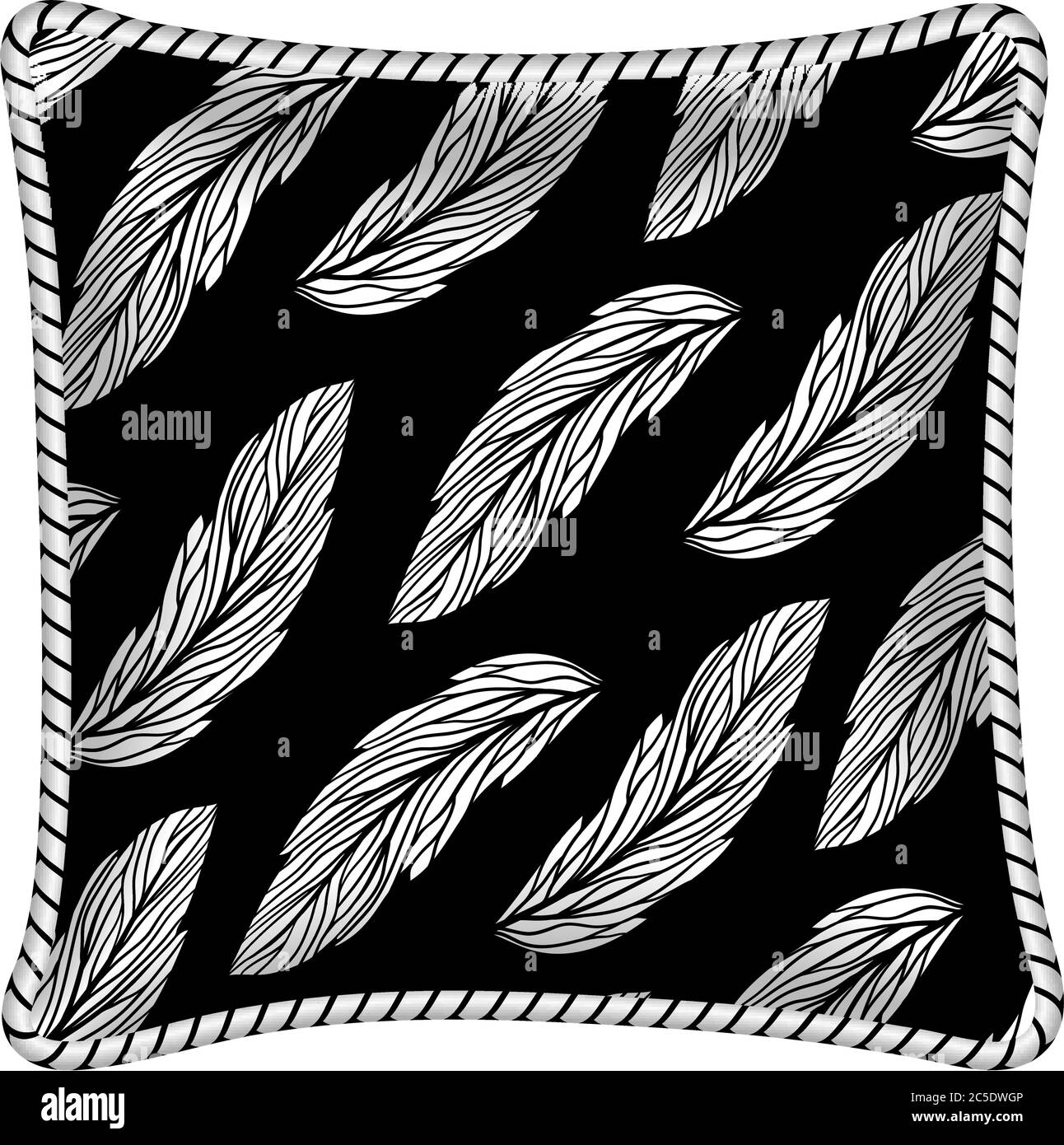 Élément de design intérieur : coussin décoratif avec taie d'oreiller à motifs (plumes blanches sur fond noir). Isolé sur blanc. Illustration vectorielle. Illustration de Vecteur