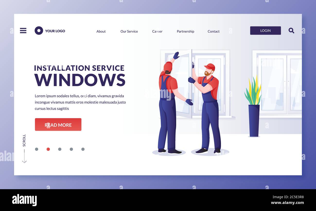 Réparation et installation des fenêtres en plastique. Les serveurs remplacent les anciennes fenêtres par les nouvelles. Illustration de l'employé de personnage de dessin animé à plat vectoriel. Accueil principal Illustration de Vecteur