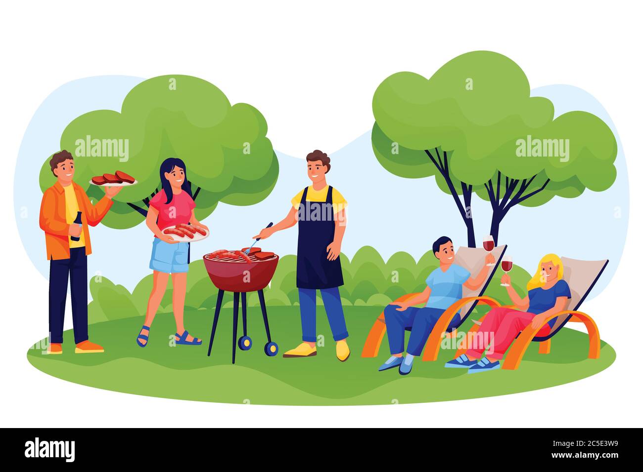 Barbecue en plein air. Des amis heureux cuisant de la viande et des saucisses sur le pique-nique d'été. Illustration de personnages de dessin animé à plat vectoriel, hommes et femmes. Petit Illustration de Vecteur