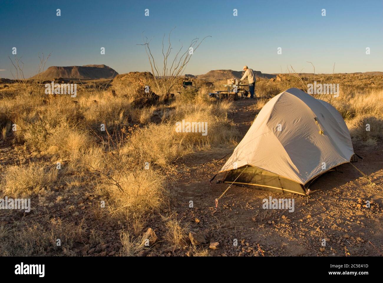 Campez sous la tente en hiver au camping Los Ojitos, dans le désert de Chihuahuan, dans le parc national de Big Bend Ranch, Texas, États-Unis Banque D'Images