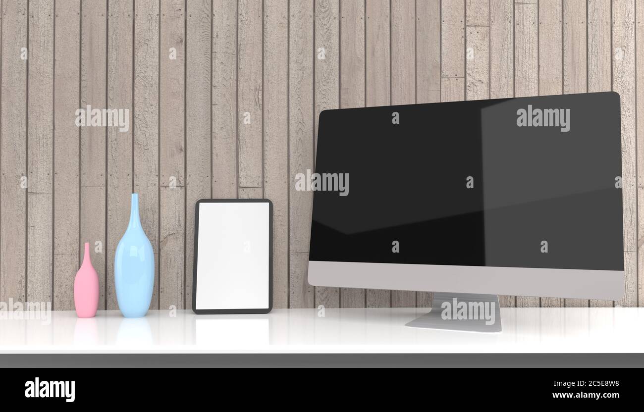 Ordinateur portable, ordinateur de bureau, mobile et tablette 3d rendu maquette .3d illustration Banque D'Images