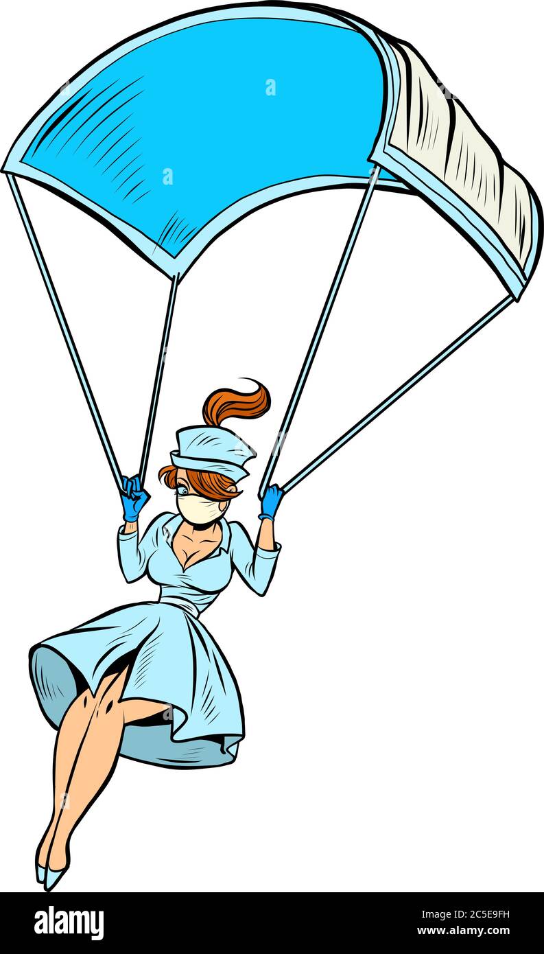 super infirmière de héros descend sur un parachute comme un masque médical Illustration de Vecteur