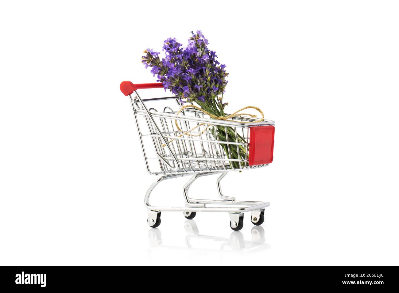 Magnifique bouquet biologique de fleur de lavande dans une voiture de shopping isolée sur fond blanc Banque D'Images