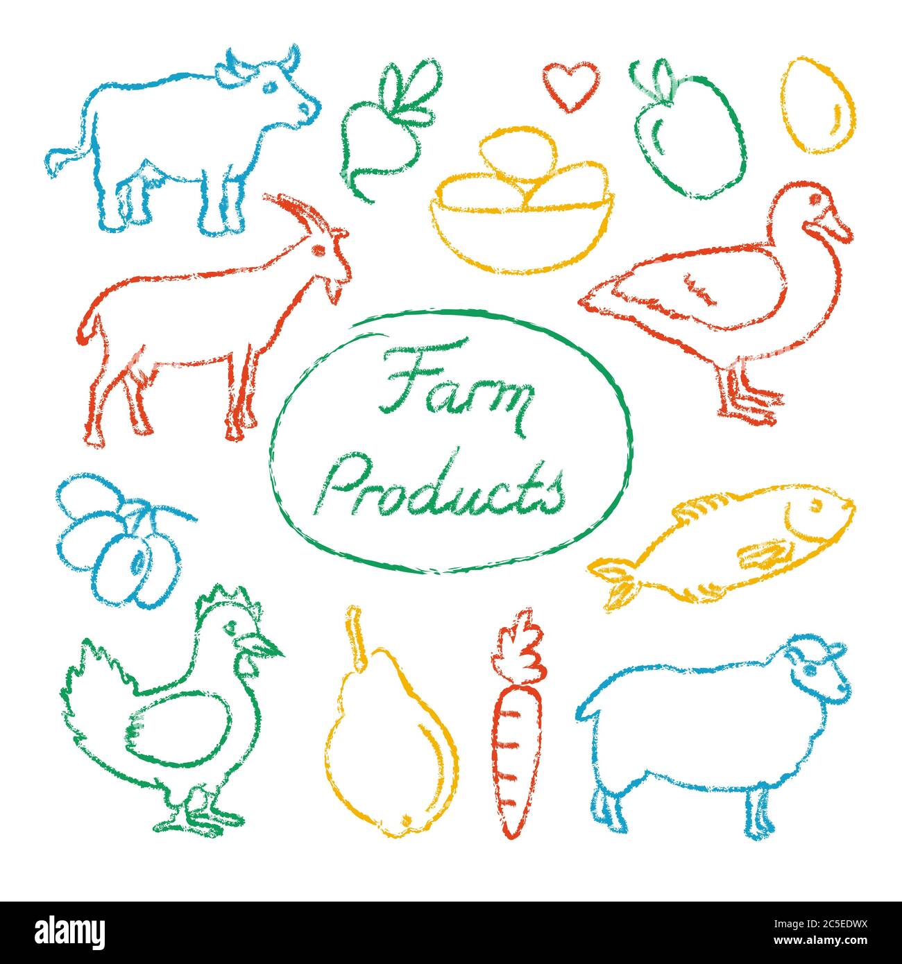 Ensemble d'icônes de nourriture agricole dans le style esquisse. Animaux, légumes et fruits dessinés à la main. Illustration de Vecteur