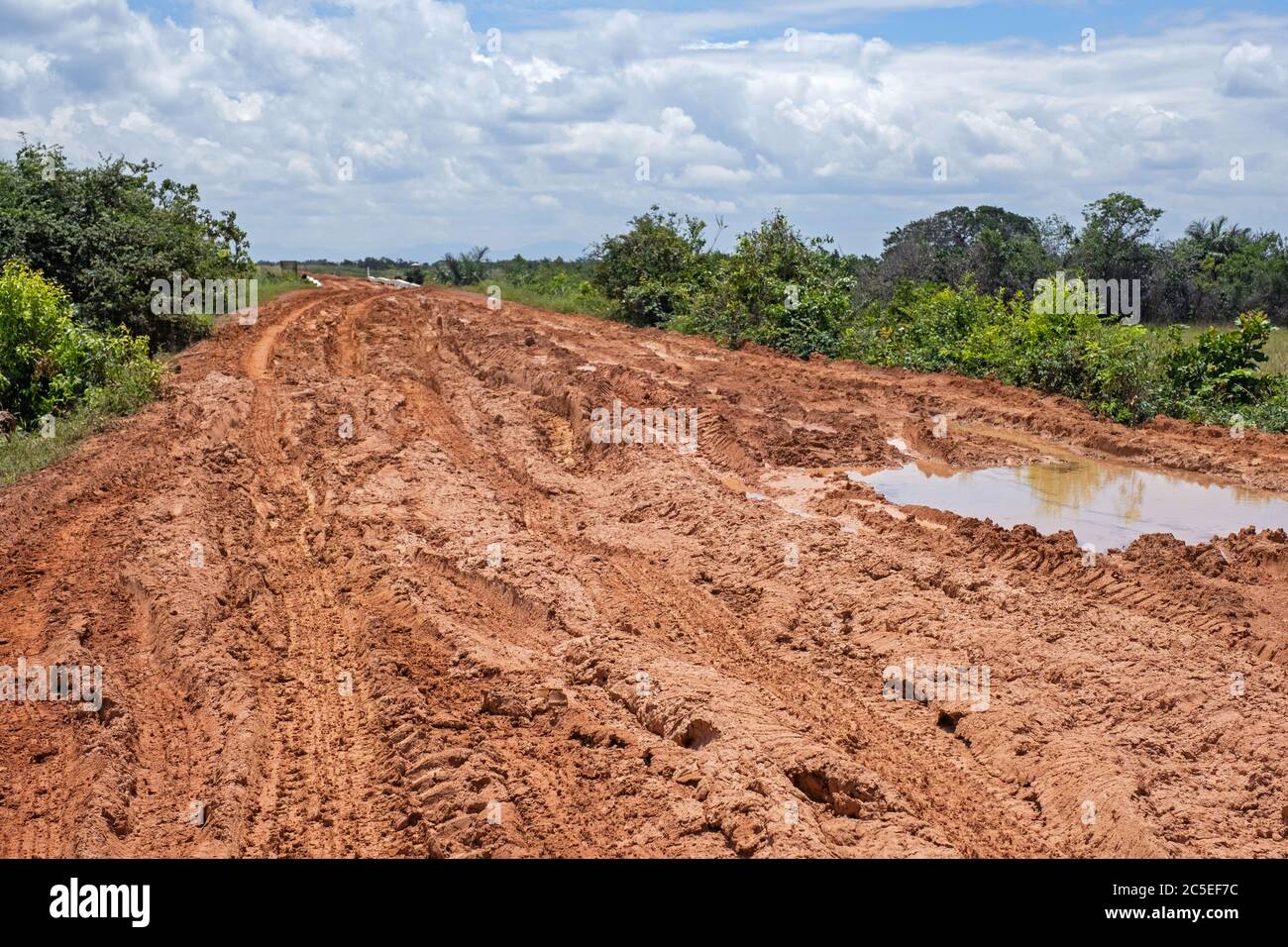 De grandes flaques de pluie dans la boue rouge de la route de terre Linden-Lethem reliant Lethem et Georgetown en saison des pluies, Guyana, Amérique du Sud Banque D'Images