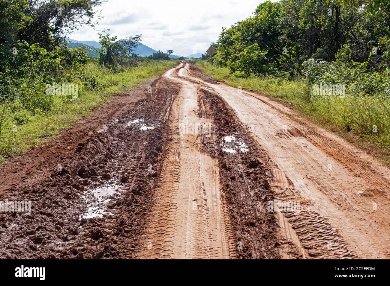 Piste de Muddy Linden-Lehem, route de terre rouge reliant Lehem et Georgetown à travers la savane, Guyana, Amérique du Sud Banque D'Images