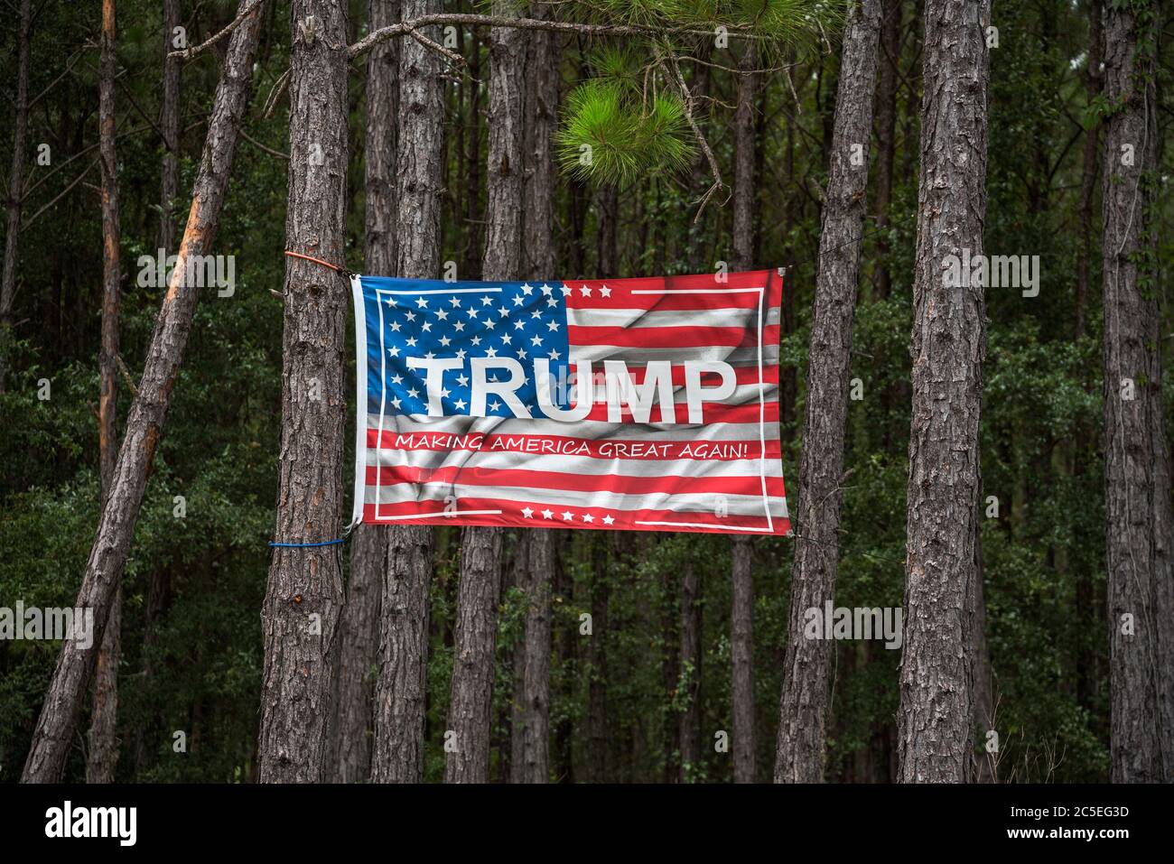 Drapeaux et bannières de réélection de Donald Trump en Amérique rurale. Banque D'Images