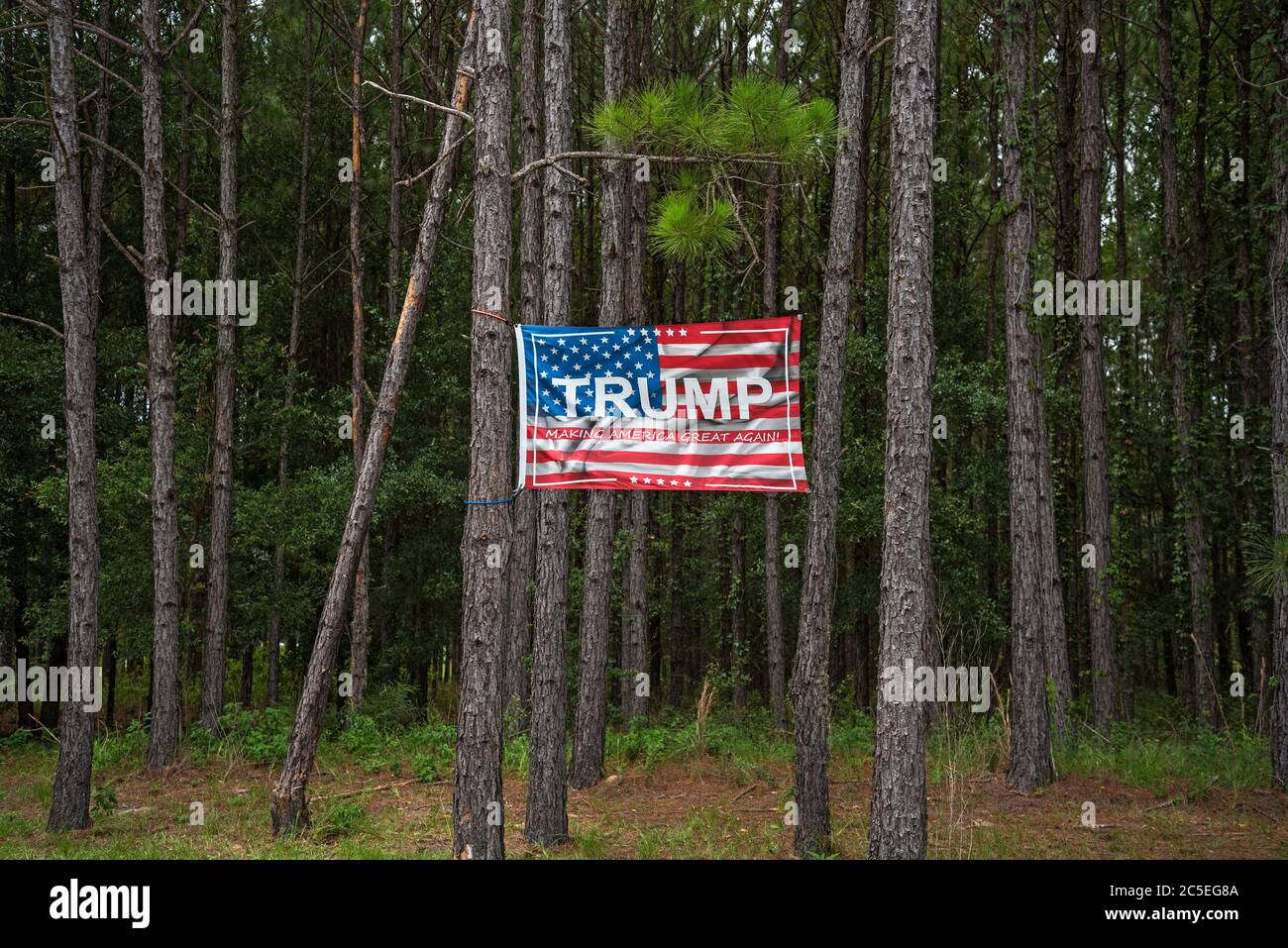 Drapeaux et bannières de réélection de Donald Trump en Amérique rurale. Banque D'Images