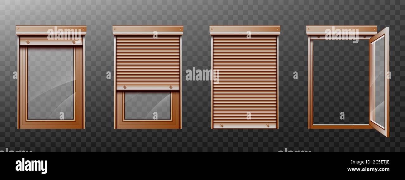 Fenêtre avec volet roulant vers le haut et la fermeture. Stores simples en PVC en plastique brun. Vue avant ouverte et fermée. Éléments de conception 3D vectoriels réalistes pour la façade d'accueil isolés sur fond transparent, ensemble Illustration de Vecteur