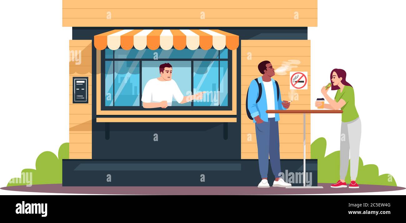 Guy fumant à côté du snack bar semi-plat RGB illustration vectorielle de couleur Illustration de Vecteur