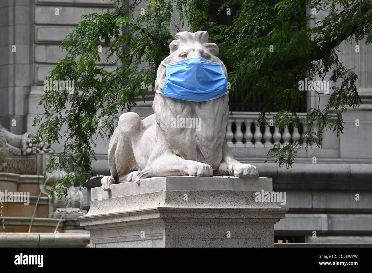 New York, États-Unis. 30 juin 2020. Situé à l'entrée de la Cinquième Avenue de la Bibliothèque publique de New York, à la 42e rue, des sculptures de lions de marbre connues sous le nom de patience et de Fortitude, portent des masques protecteurs bleus pour rappeler et encourager les gens à porter un masque pour arrêter la propagation de COVID-19 et continuer à suivre les mesures de sécurité, New York, NY, 30 juin 2020. (Anthony Behar/Sipa USA) crédit: SIPA USA/Alay Live News Banque D'Images