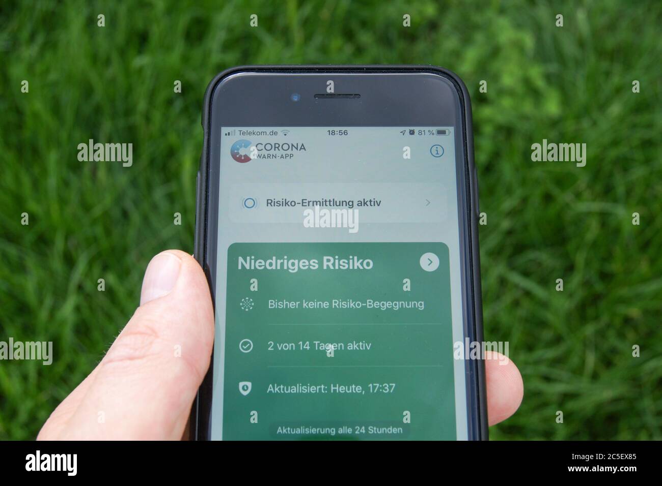 Corona Warn App du gouvernement fédéral allemand sur un smartphone tenu dans la main d'un homme devant l'herbe fond. L'application affiche « faible risque ». Banque D'Images