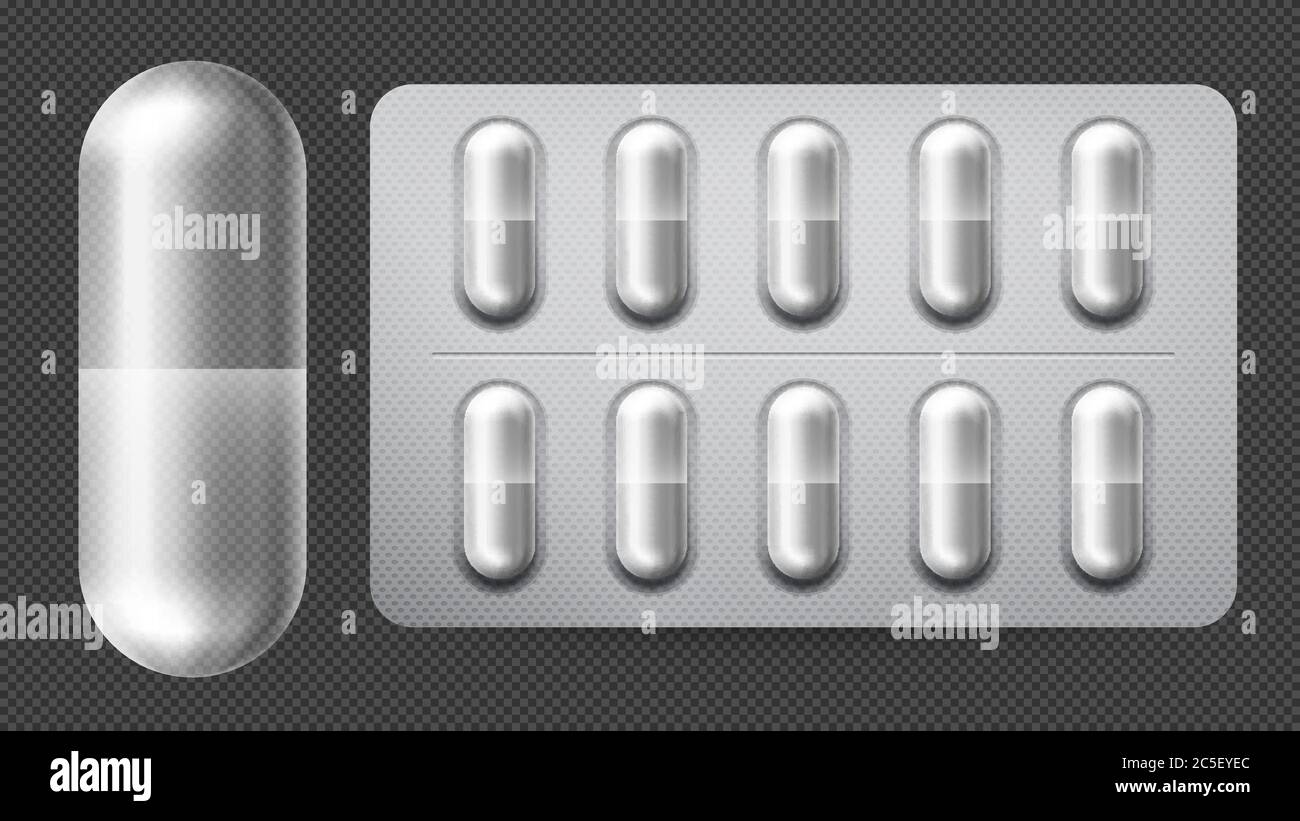 Conditionnement médical en comprimés avec capsules. Traitement de la maladie et de la douleur avec analgésique, comprimé antibiotique réaliste Illustration de Vecteur