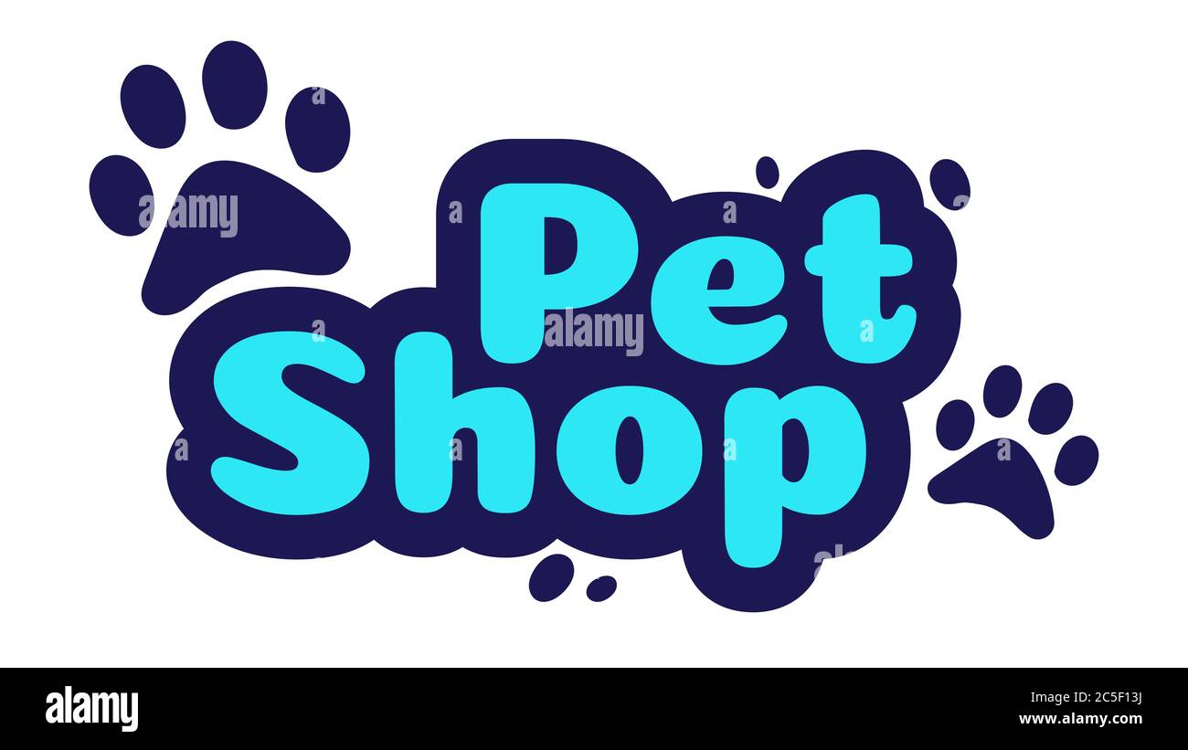Modèle de logo de la boutique d'animaux. Conserver avec les marchandises et les accessoires pour étiquette d'animaux. Lettrage avec panneau de signalisation à pattes Illustration de Vecteur