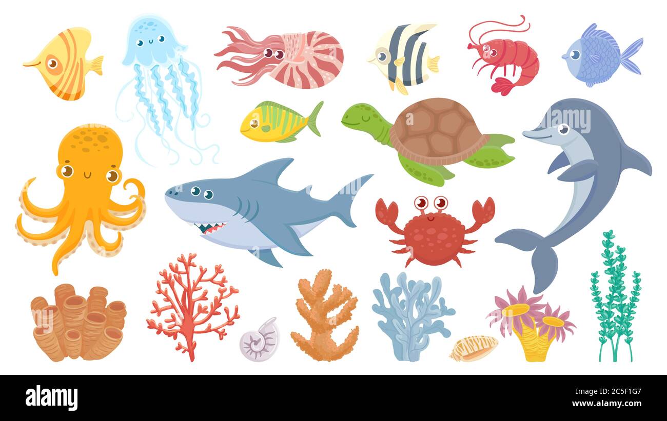 Dessin animé de la vie de mer. Poissons de mer mignons, coraux aquatiques, méduses et poulpes. Requin et dauphin amusants. Illustration du vecteur crabe des mers, tortue de mer et crevettes Illustration de Vecteur