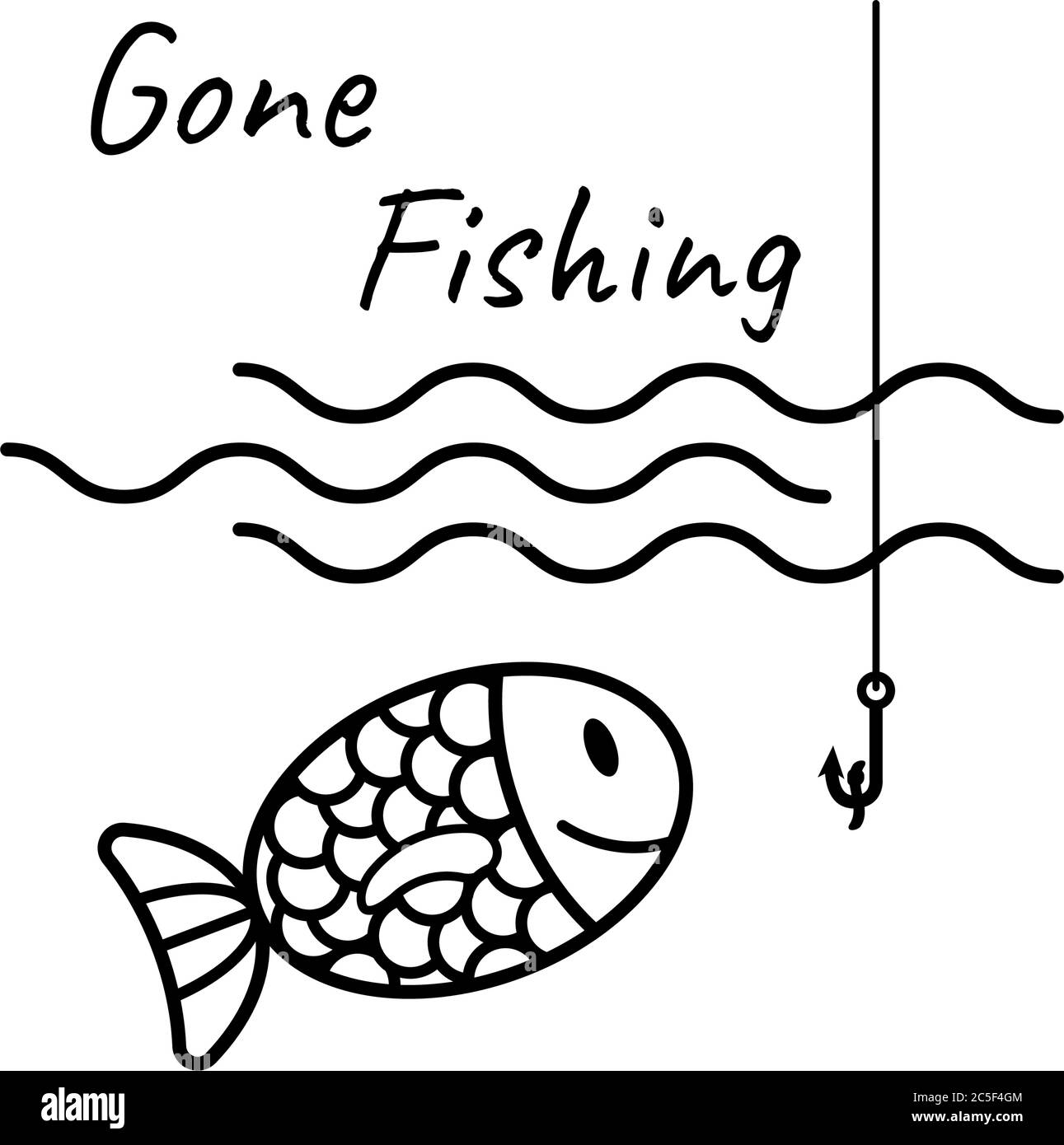 Gone Fishing Text logo vagues isolées et tige de pêche Illustration vectorielle Illustration de Vecteur