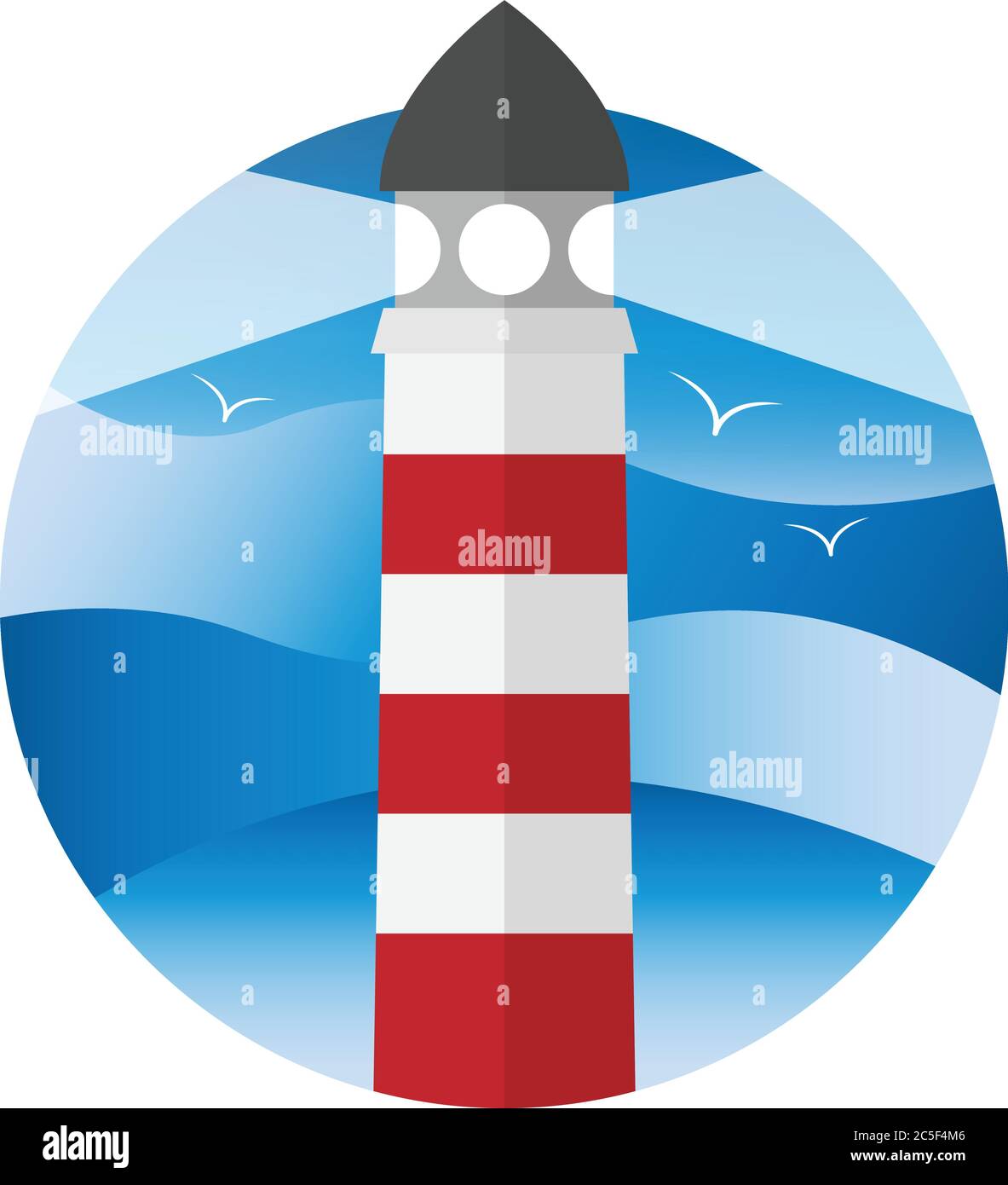 Icône de phare symbole de feu d'avertissement de navire avec des oiseaux bleu rouge et blanc illustration vectorielle ronde Illustration de Vecteur