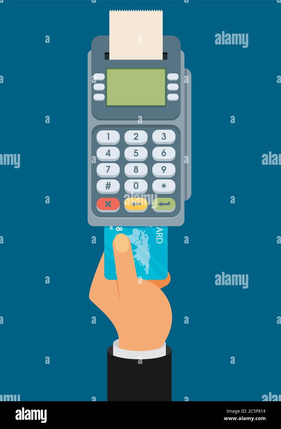 Pousser la main de la carte de crédit dans le terminal de pos. Style plat Illustration de Vecteur