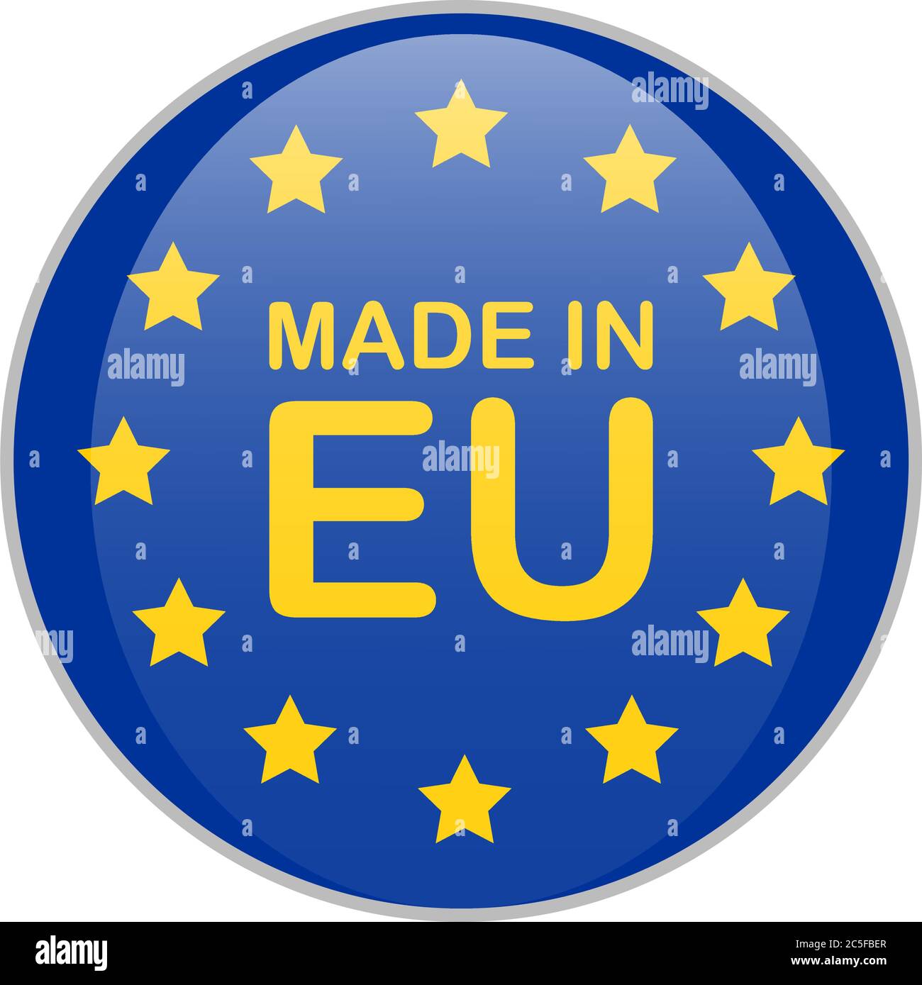 BADGE ROND bleu européen avec texte et étoiles jaunes. Illustration vectorielle de signe produit Europe isolée sur fond blanc. Illustration de Vecteur
