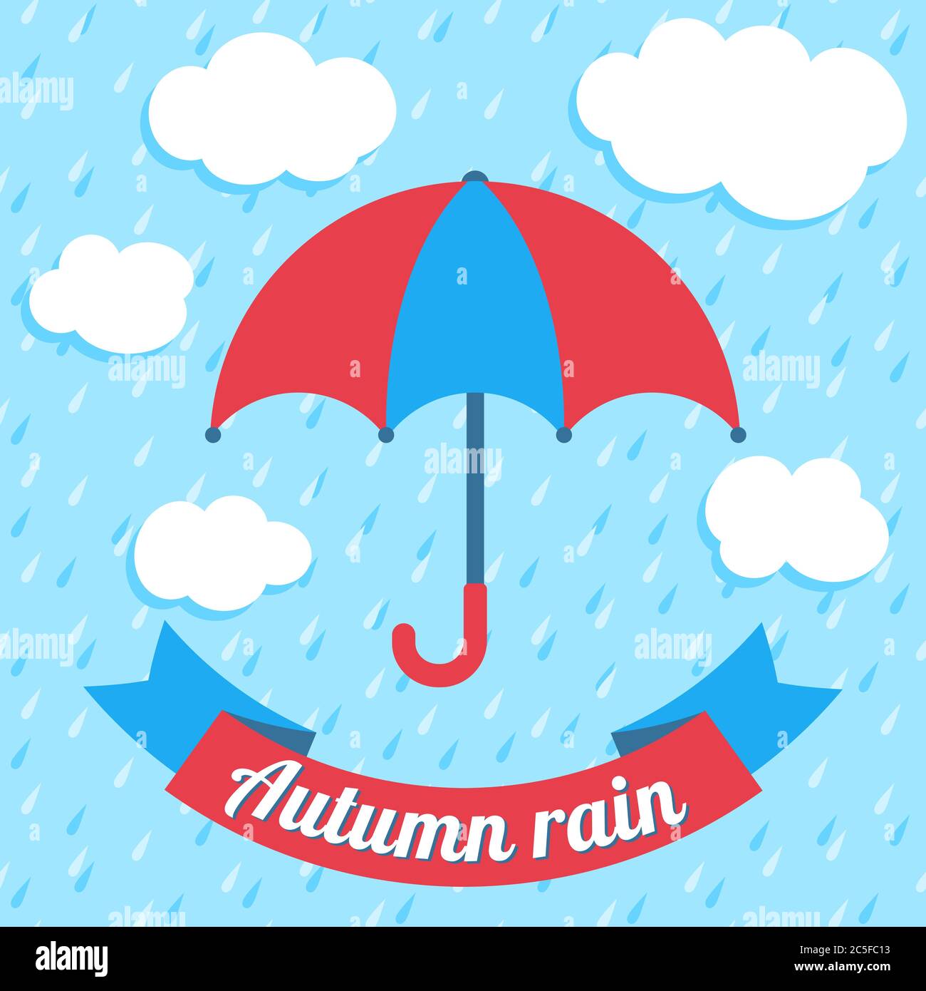 Illustration vectorielle d'automne avec parapluie, nuages, pluie et bannière ruban Illustration de Vecteur