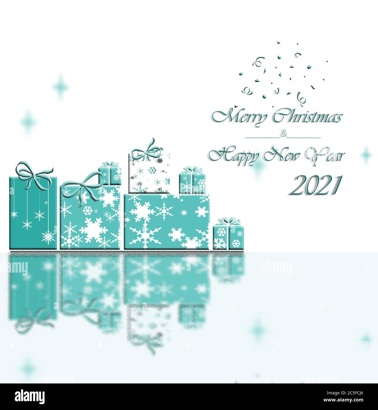 Décor de Noël élégant avec boîtes cadeaux en flocons de neige avec reflets. Texte bonne année 2021 et Joyeux Noël en bleu turquoise. Illustration 3D Banque D'Images