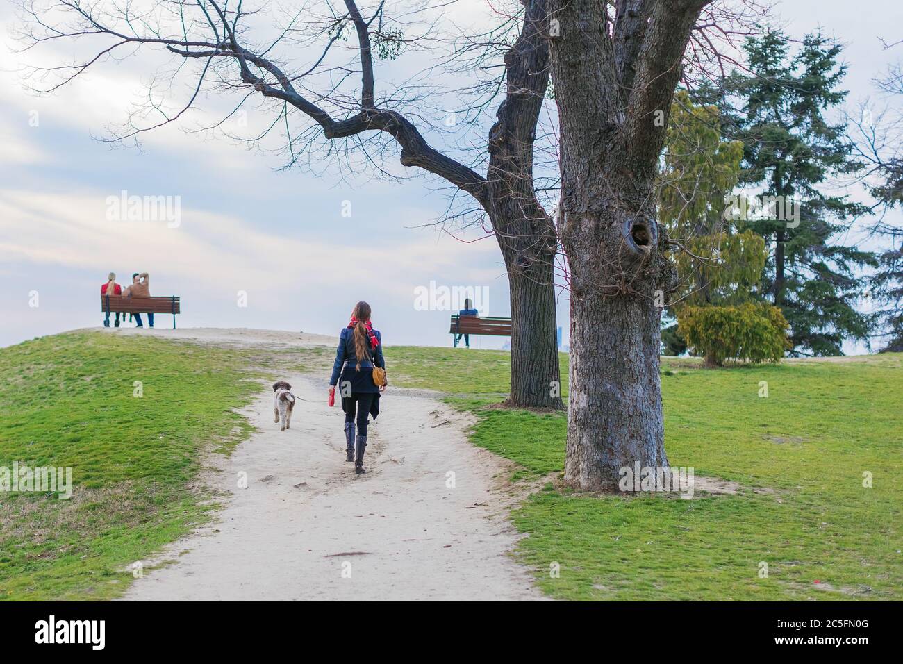 femme prenant son chien pour une promenade Banque D'Images