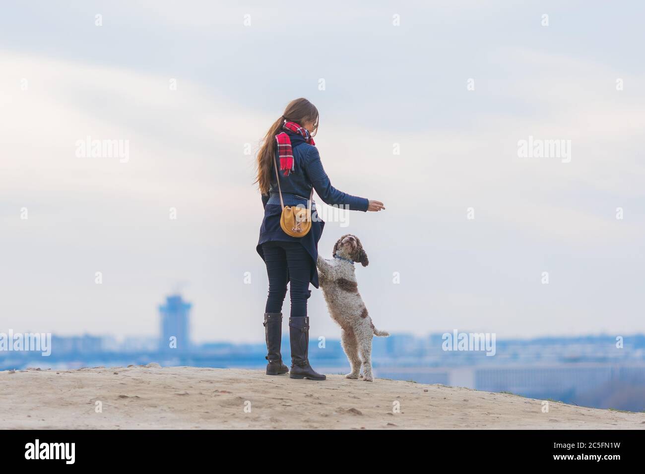 jeune femme jouant avec son chien à l'extérieur Banque D'Images