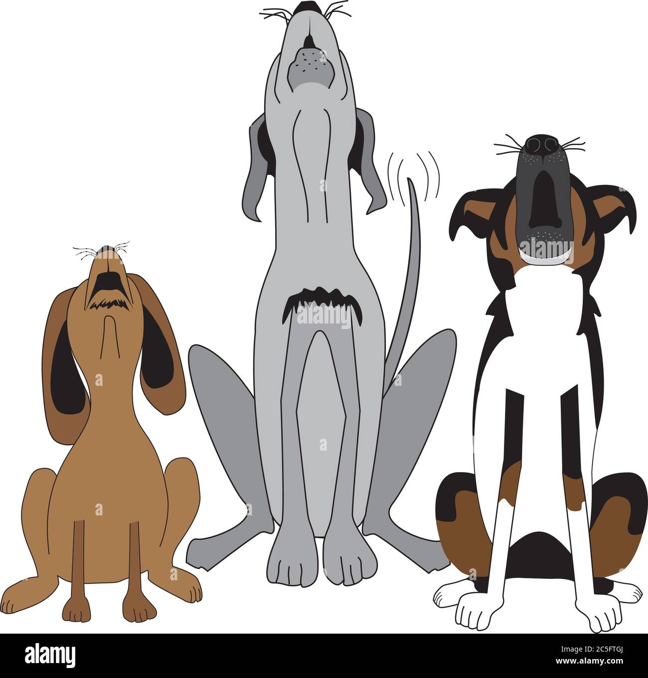 Caricature humoristique de trois chiens assis dans une rangée avec leurs têtes ont fait des aboiements, chantant ou hurlant bruyamment. Illustration de Vecteur