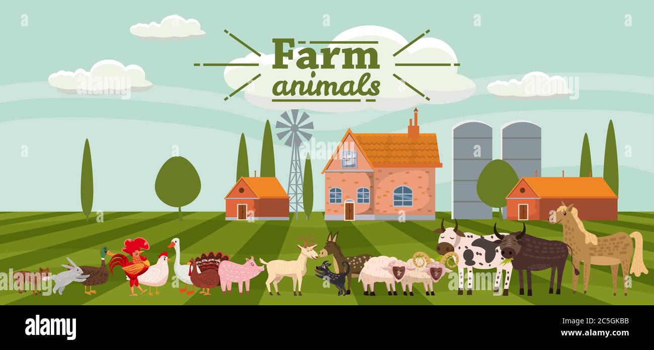 Animaux de ferme et oiseaux dans un style tendance mignon, y compris cheval, vache, âne, mouton, chèvre, porc, lapin, canard, oie, dinde, coq, bélier, chien, chat Illustration de Vecteur