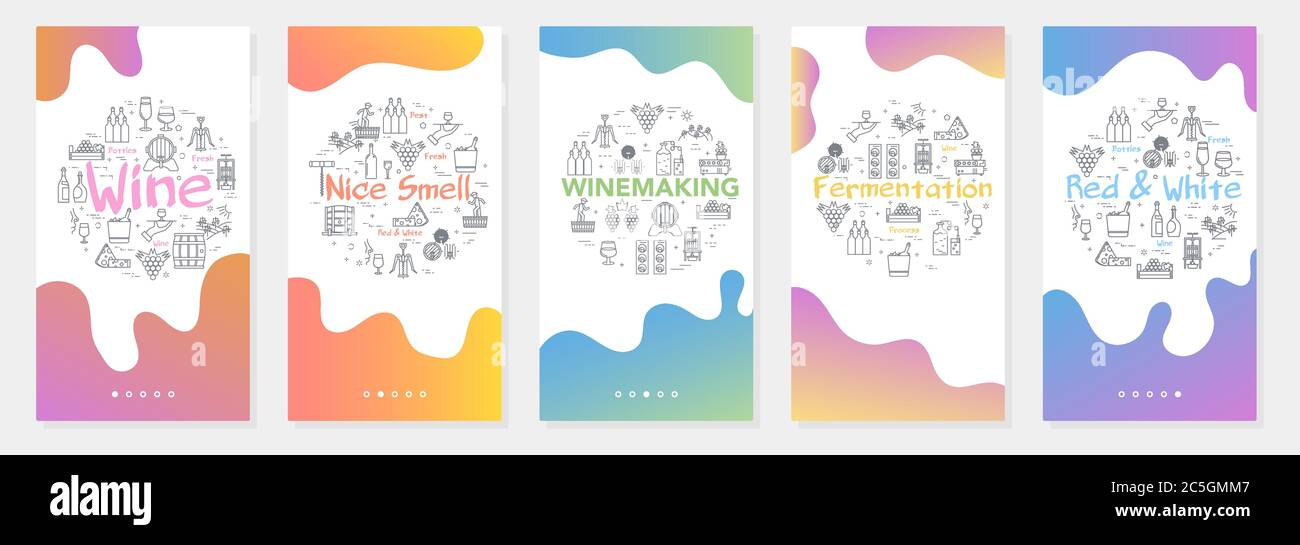 Cinq bannières verticales avec concept de ligne de vinification - fermentation Illustration de Vecteur