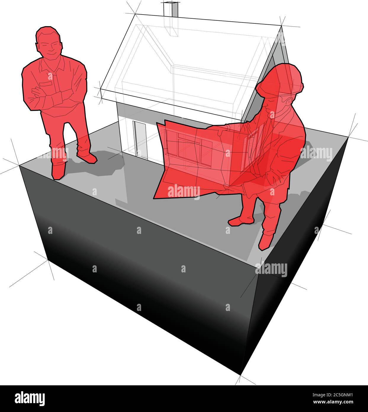 schéma d'une maison individuelle simple et architecte et homme souriant heureux debout devant elle Illustration de Vecteur