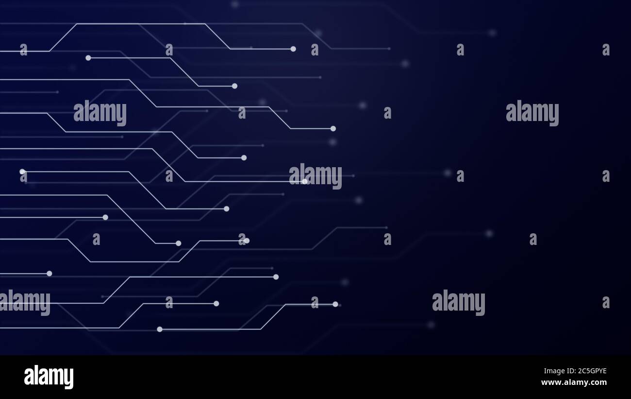 Illustration abstraite d'un concept de carte de circuit imprimé futuriste ou de réseau blockchain. Concept de connexion électronique, technologique ou informatique sur fond bleu. Banque D'Images