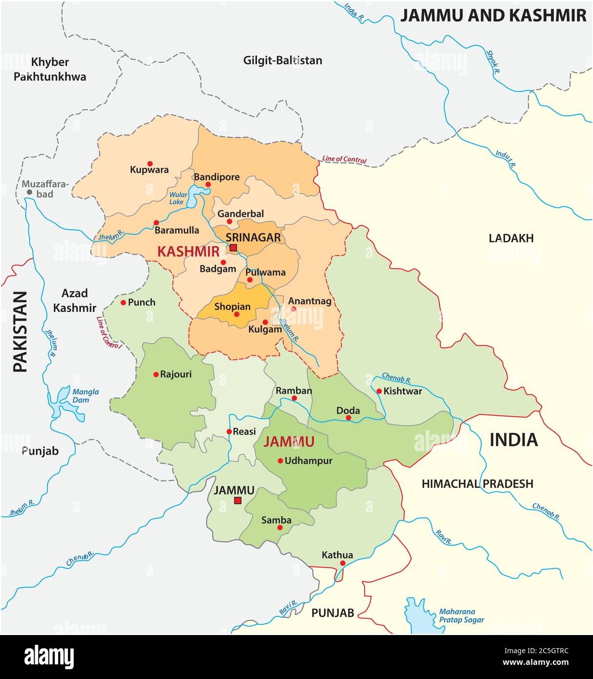 Carte administrative vectorielle de la région indienne du Jammu-et-Cachemire Illustration de Vecteur