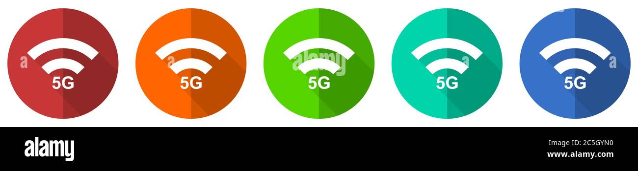 5G communication sans fil Internet, jeu d'icônes réseau, boutons web à conception plate rouge, bleu, vert et orange isolés sur fond blanc, illustration vectorielle Illustration de Vecteur