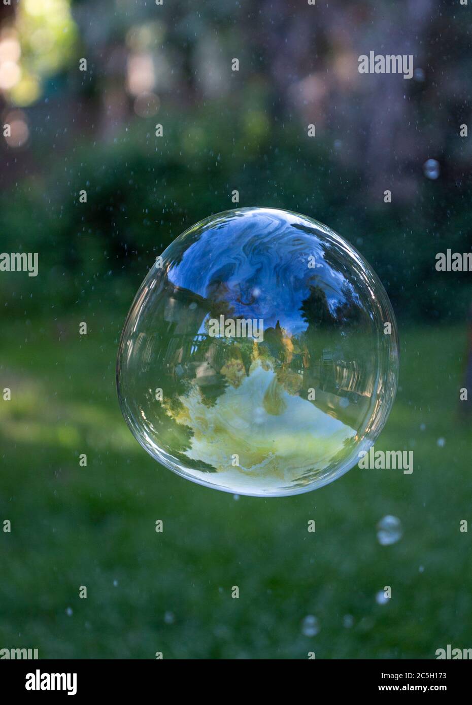 grande bulle de savon en foyer flottant devant un fond de jardin vert flou Banque D'Images