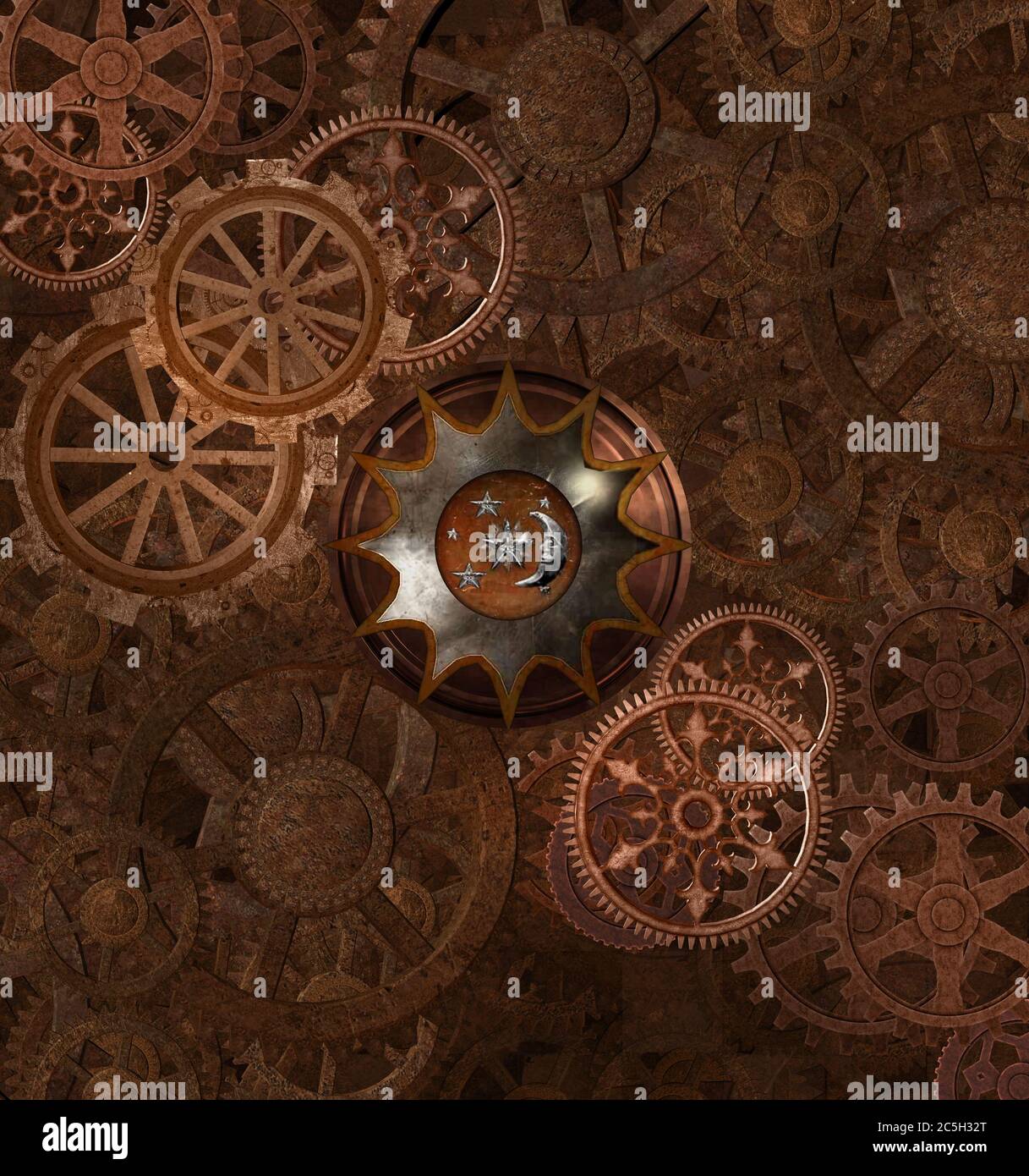 Le fond est rouillé par le steampunk et il y a beaucoup de roues dentées Banque D'Images