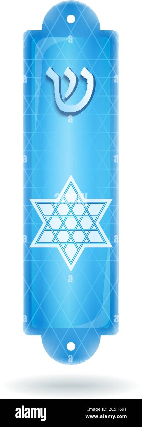 Cas Mezuzah bleu avec la lettre hébraïque Shin et étoile de six rayons de David, fond blanc. Religion traditionnelle juive. Illustration vectorielle. Illustration de Vecteur