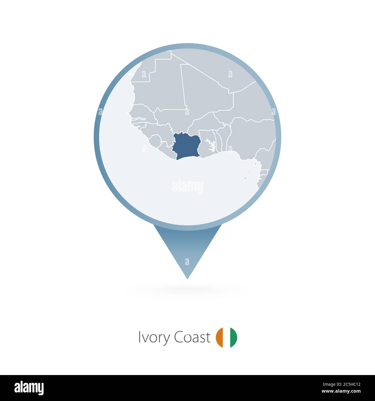 Carte PIN avec carte détaillée de la côte d'Ivoire et des pays voisins. Illustration de Vecteur