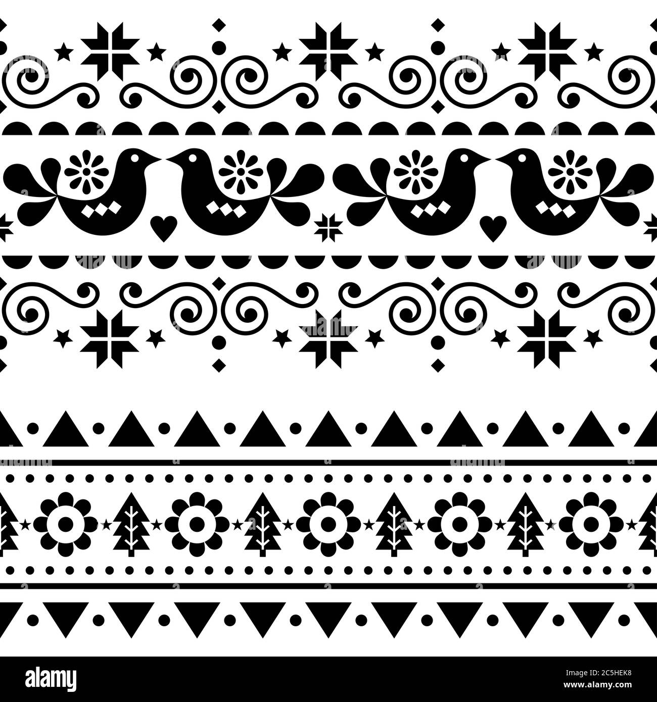 Noël scandinave vectoriel continu folk, modèle long hiver Nordic design mignon répétitives avec des oiseaux, des arbres de Noël, des flocons de neige et de fleurs Illustration de Vecteur