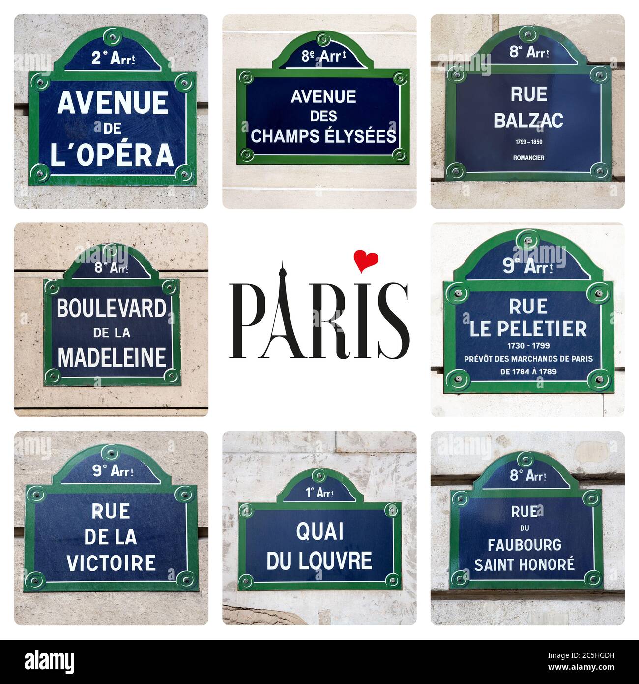 Concept d'amour de Paris. Un collage de panneaux de rue parisiens, avec une variété de lieux célèbres, et le mot Paris, avec l'A étant formé de l'Eiffe Banque D'Images Concept d'amour de Paris. Un collage de panneaux de rue parisiens, avec une variété de lieux célèbres, et le mot Paris, avec l'A étant formé de l'Eiffe Banque D'Images