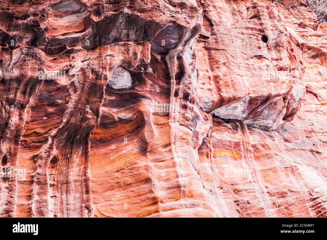 La surface rocheuse en grès rouge du canyon appelée Al Siq à l'entrée de la ville rose de Petra en Jordanie. Banque D'Images
