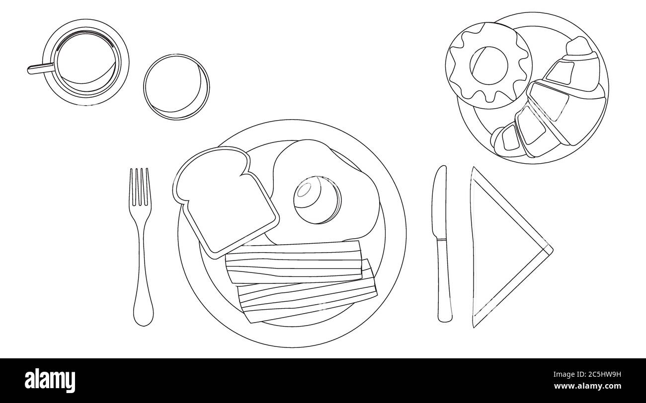 Vector Noir et blanc Illustration d'un petit déjeuner avec café, jus d'orange, bagel, croissant, assiette, fourchette, couteau, pain, bacon, œuf frit Illustration de Vecteur