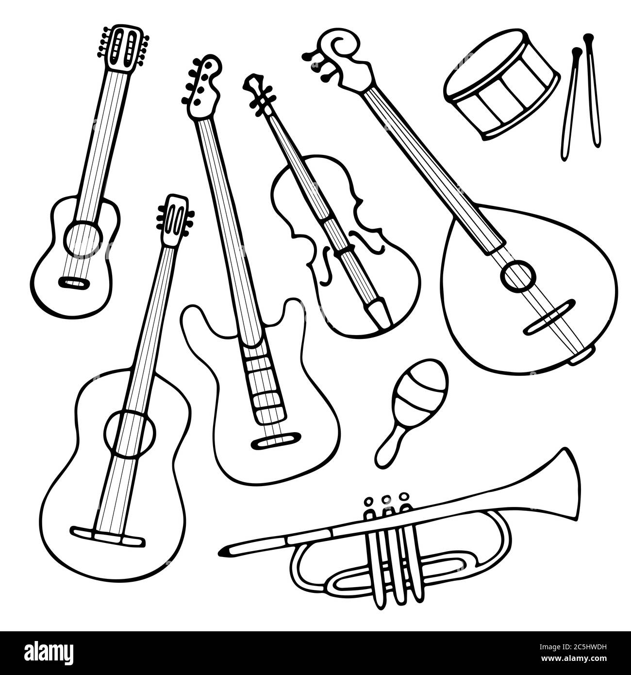 Un ensemble d'instruments de musique dessinés à la main. Doodle éléments de guitare, guitare électrique, ukulele, trompette, maracas, domra, violon. Vecteur Illustration de Vecteur