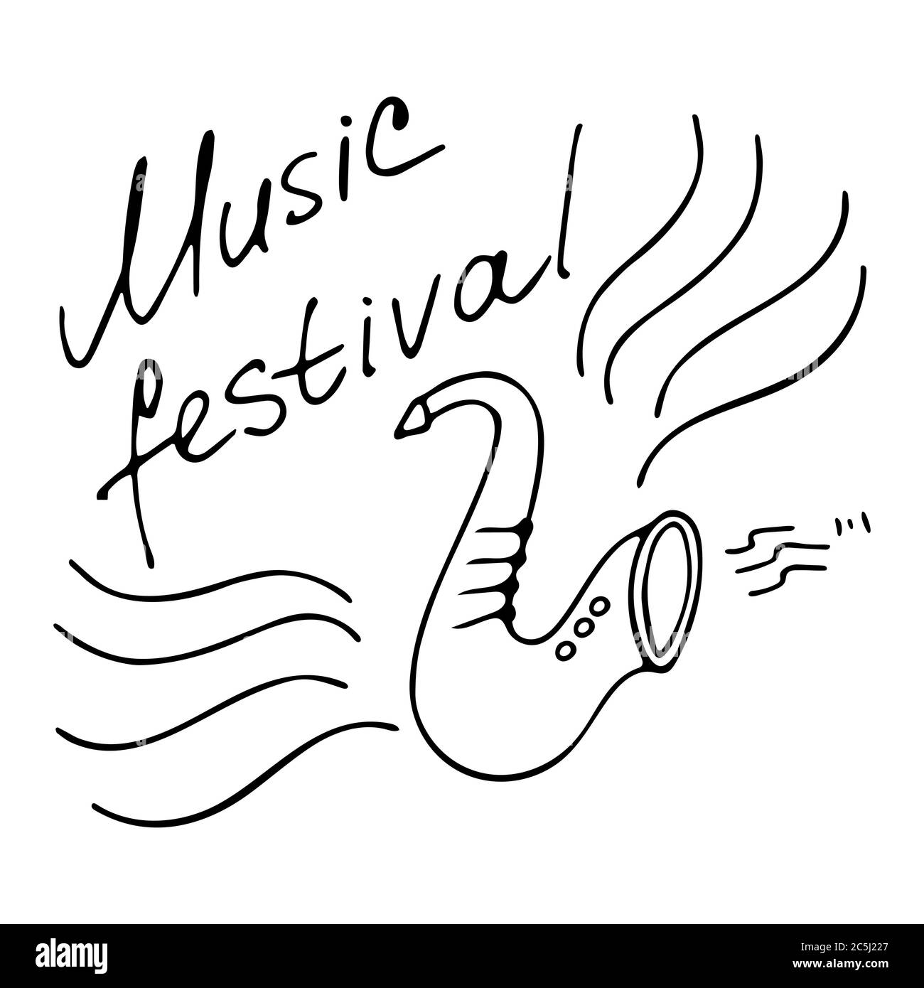 Inscriptions écrites à la main Festival de musique. Icône de saxophone dessinée à la main. Vecteur Illustration de Vecteur