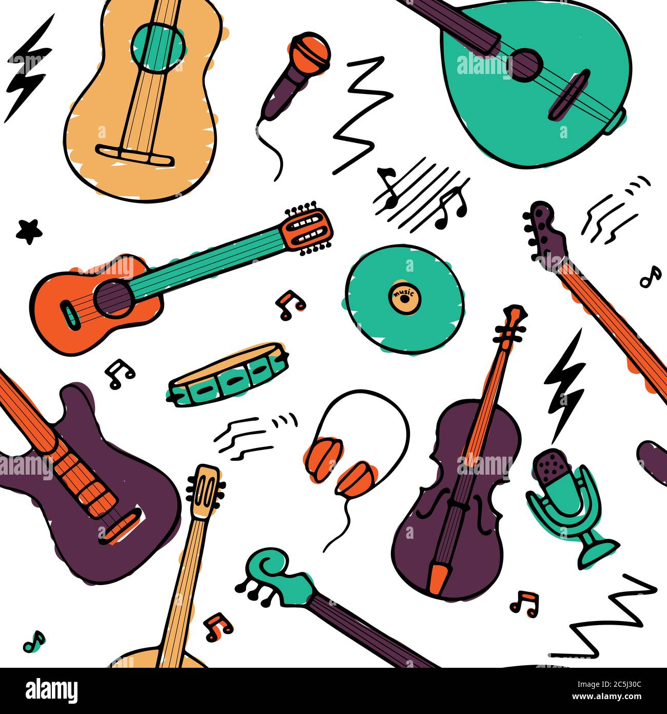 Jeu d'icônes musicales dessinées à la main. Motif sans coutures pour le tissu et le papier peint. Vecteur Illustration de Vecteur