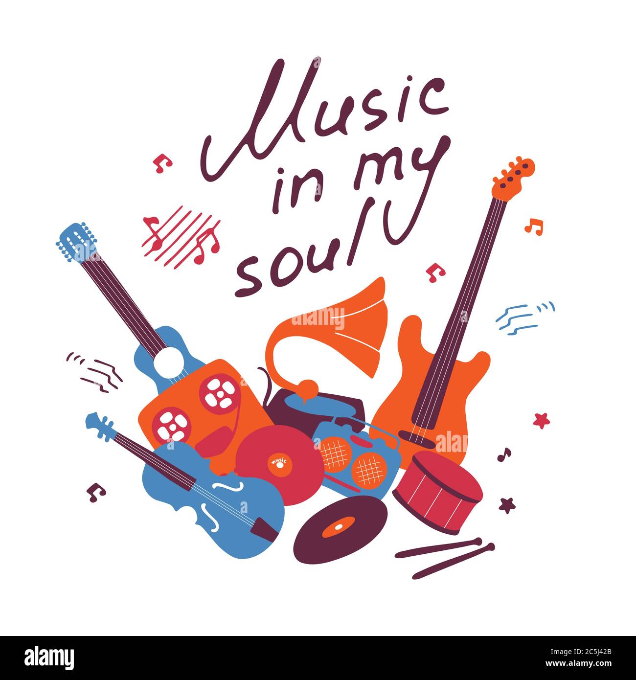 Affiche musicale. Des icônes de musique doodle dessinées à la main et l'inscription musique dans mon âme. Vecteur Illustration de Vecteur